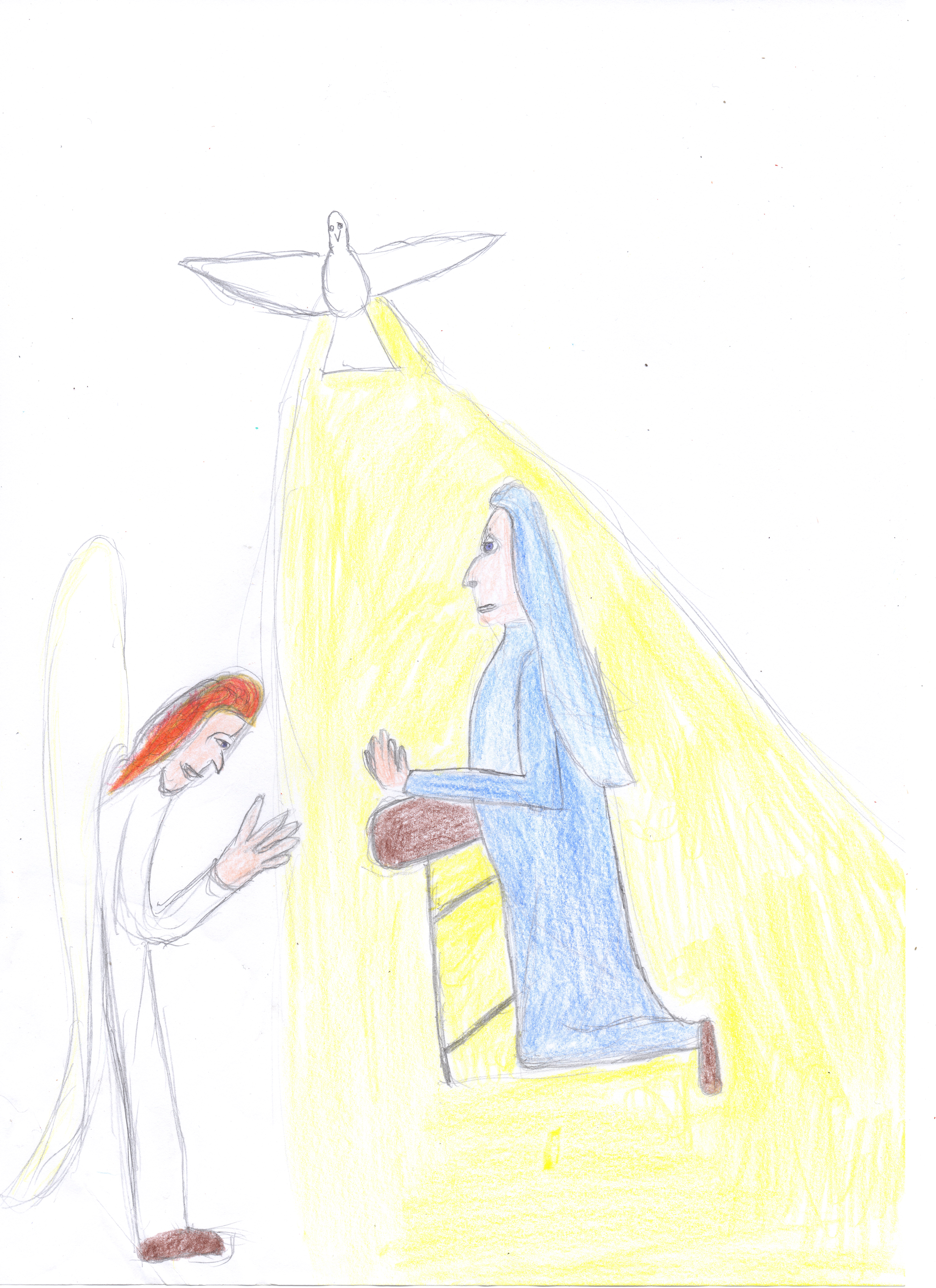 A rough pencil drawing of the anunciation that I, Ciaran Aodh Mac Ardghail drew some time ago. Depicted is the Angel Gabriel greeting Mary. Mary is at prayer, and the Holy Ghost, in the form of a dove, overshadows her, in the form of a dove.